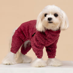Fitwarm maroon small dog wearing fleece jumpsuit for winter comfort and style