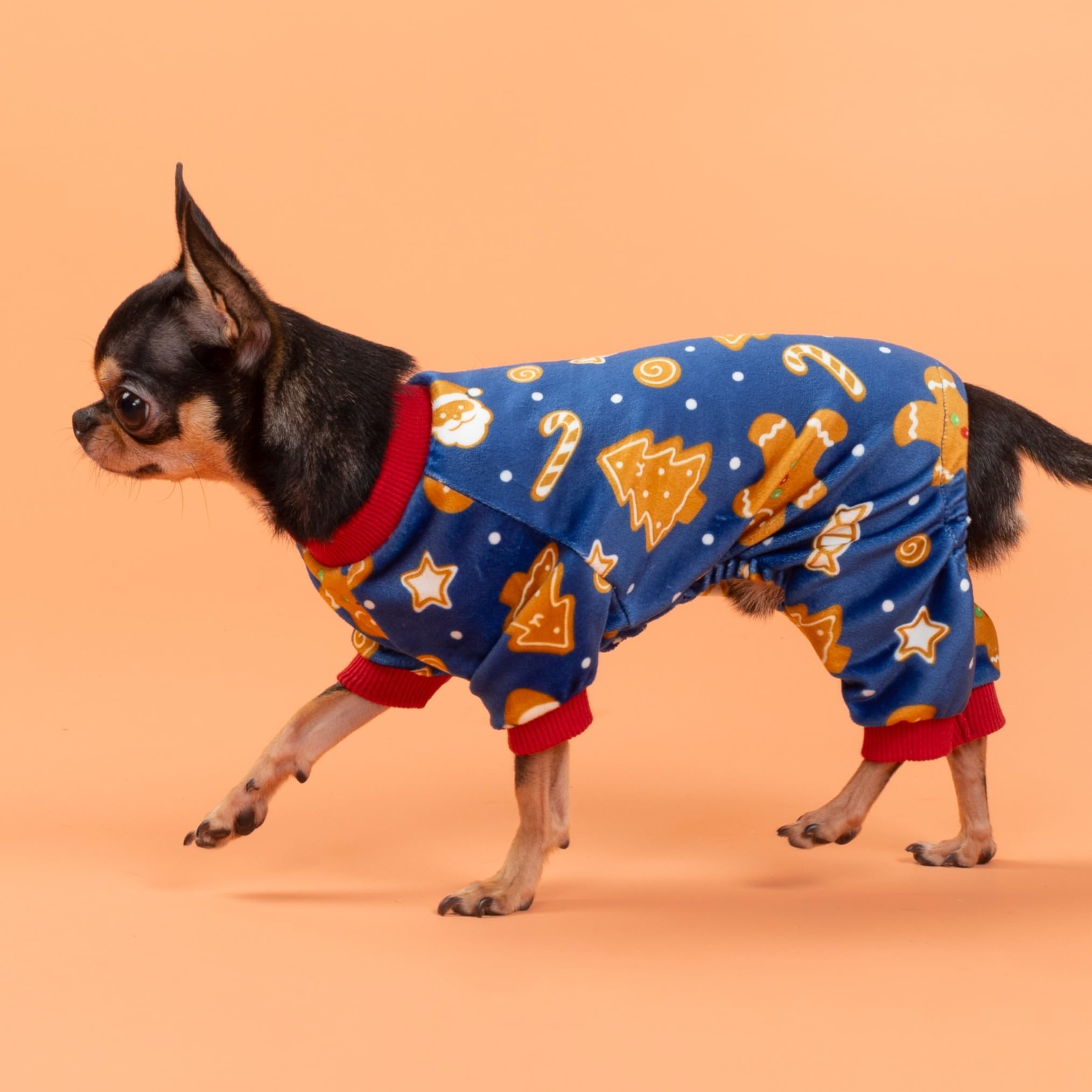 Fitwarm Gingerbread Man Dog Pajamas back view — snug four-leg design for secure comfort.