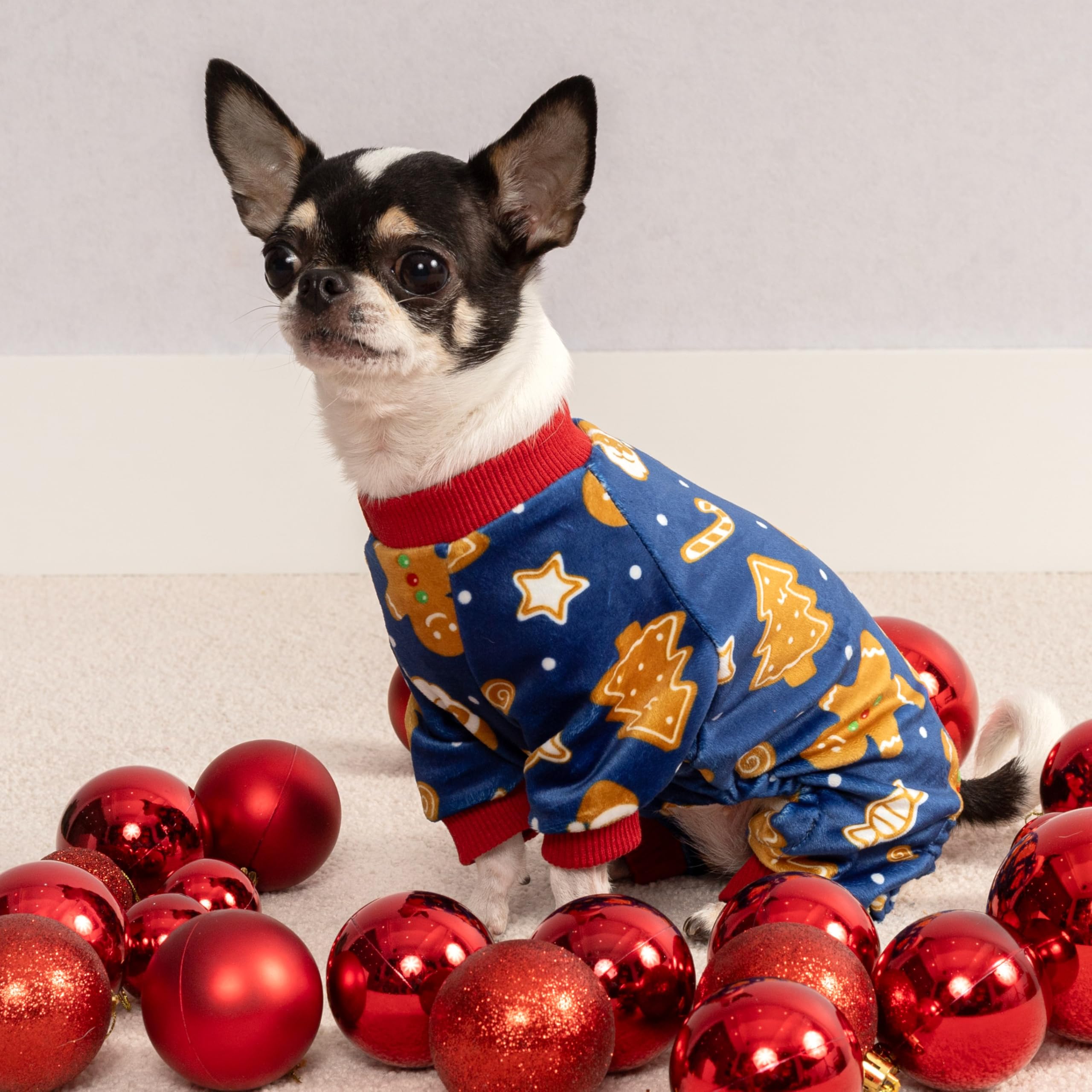 Fitwarm Gingerbread Man Dog Pajamas side close-up — soft fabric and easy-on fit.