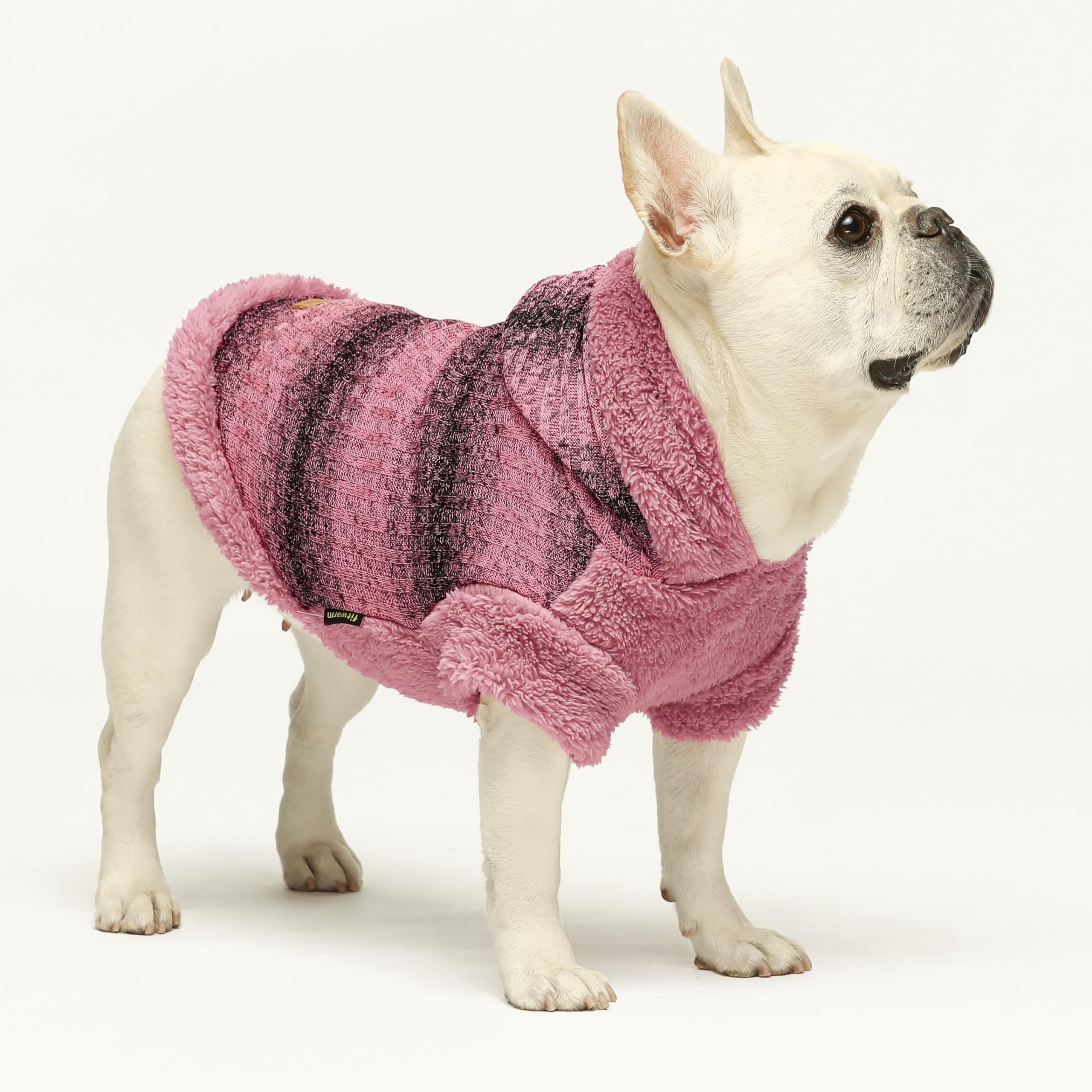 Fitwarm hooded dog sweater close-up reveals warm hood and stylish knit