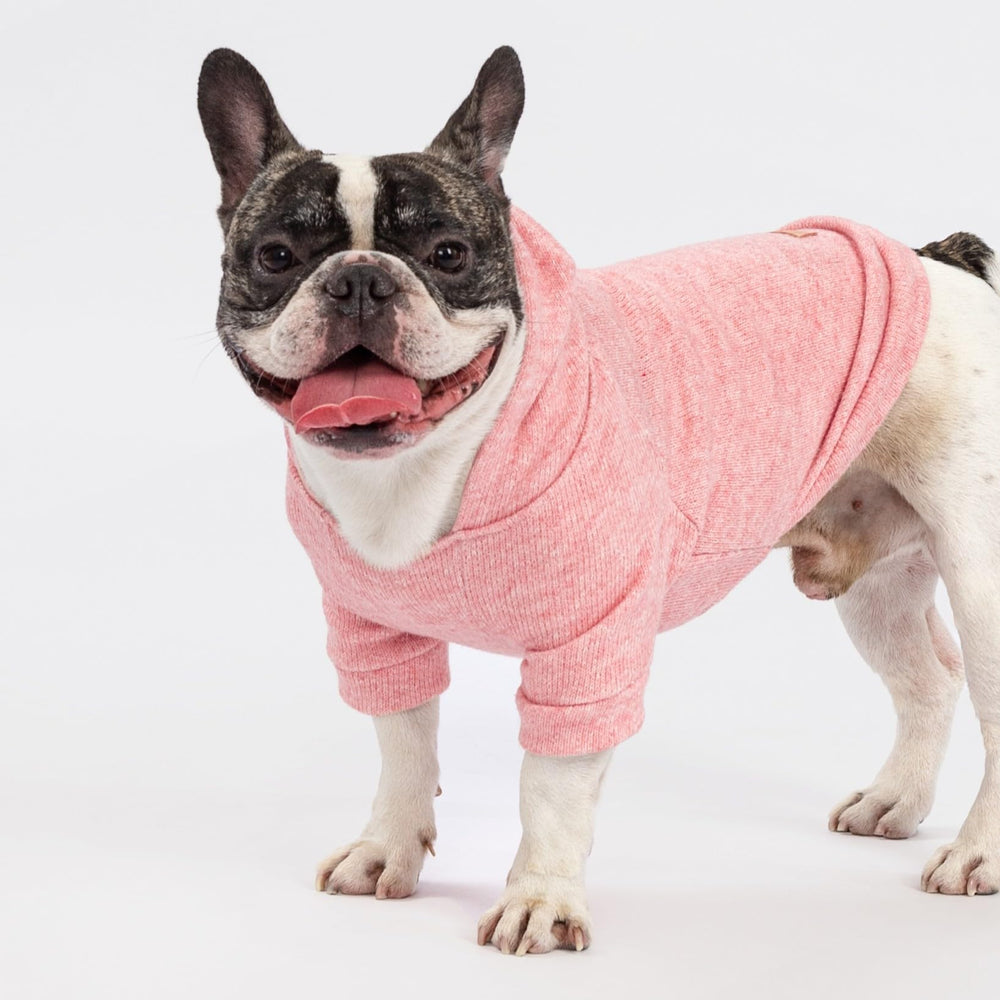 Fitwarm knitted dog hoodie sweater heather pink close-up shows soft fleece interior