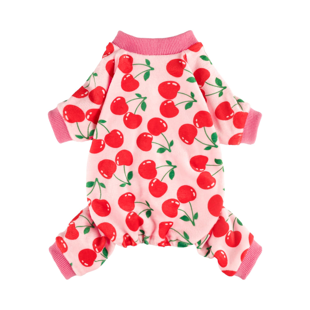 Fitwarm pijama-perro-cereza-con-pies, cómodo para dormir y descansar en casa.