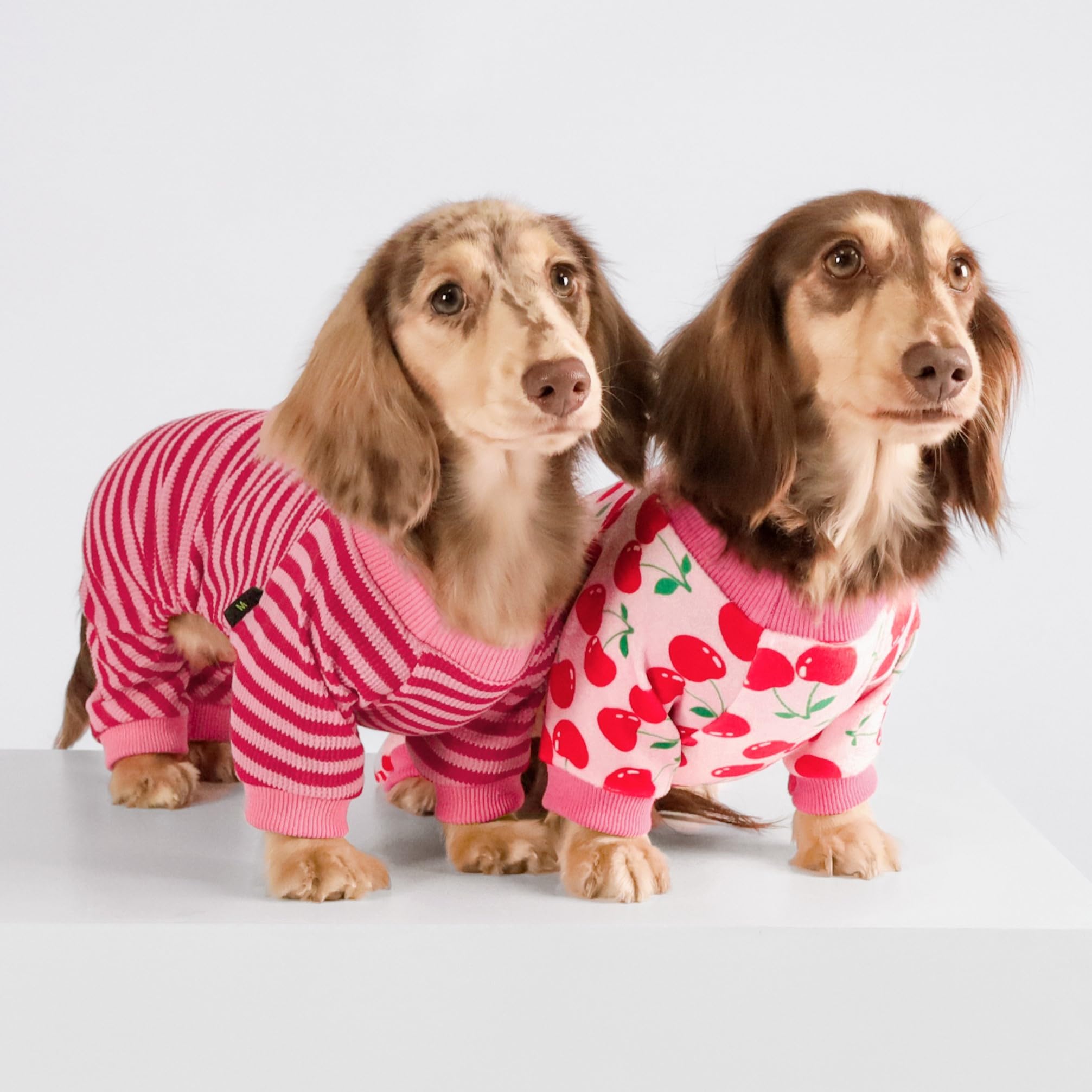 Fitwarm pijama-perro-cereza-con-pies, diseño completo para abrigo suave.