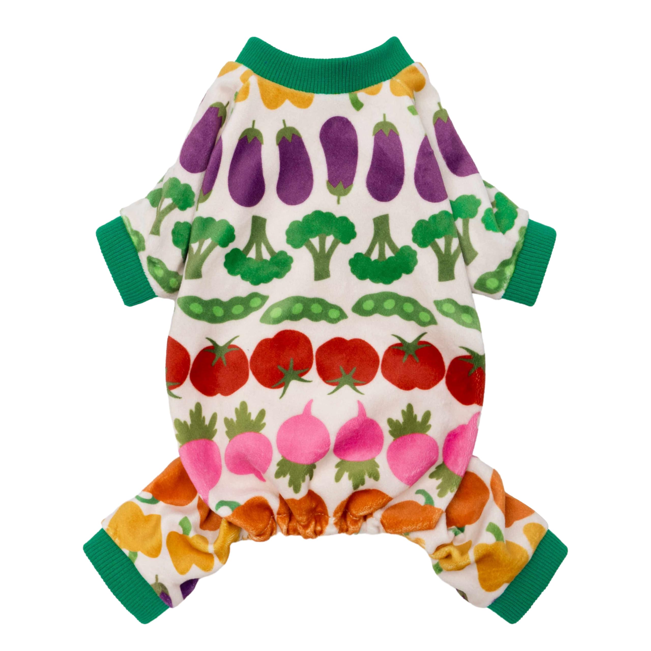 Pijama para perro Fitwarm con vegetales divertidos, ideal para paseos y siestas.