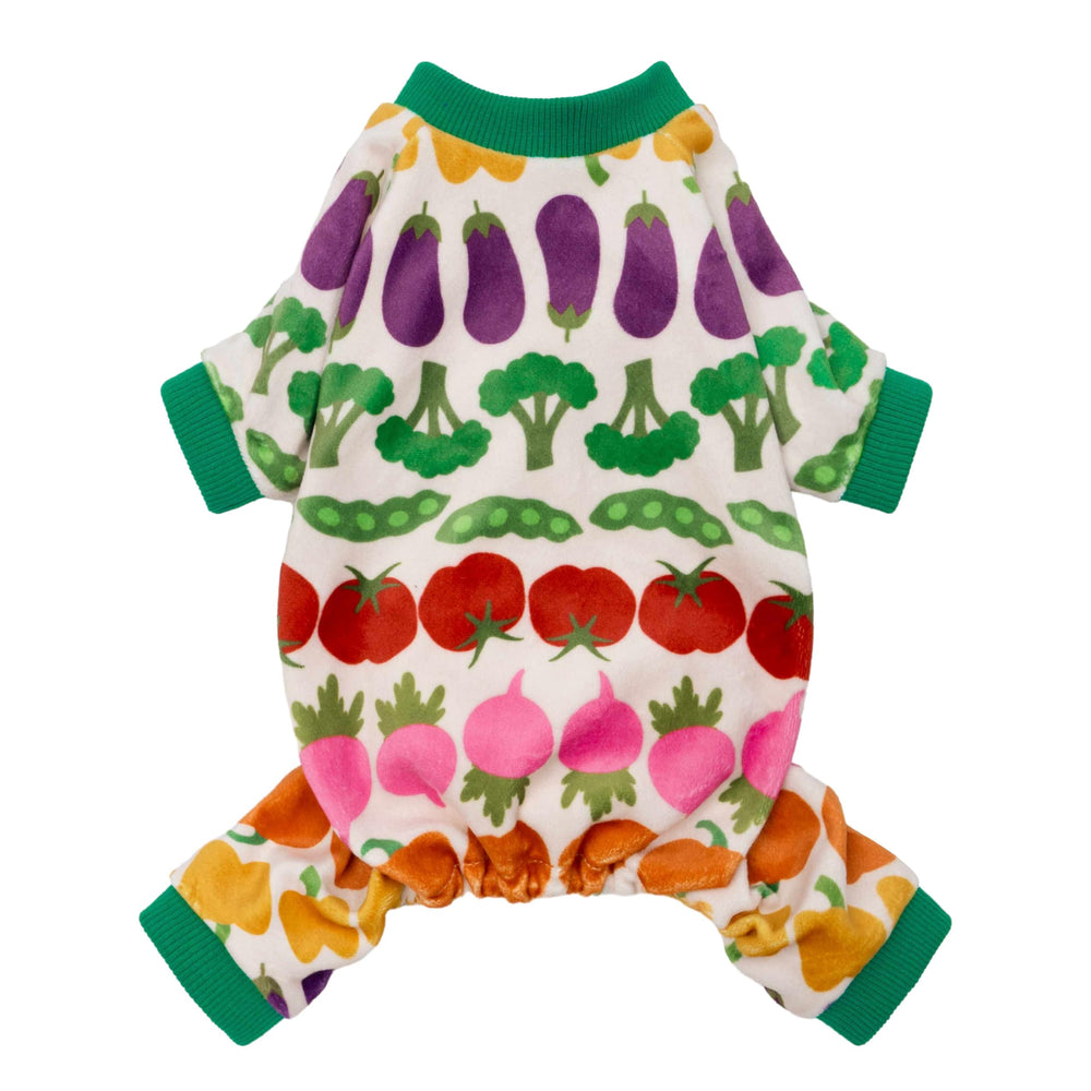 Pijama para perro Fitwarm con vegetales divertidos, ideal para paseos y siestas.