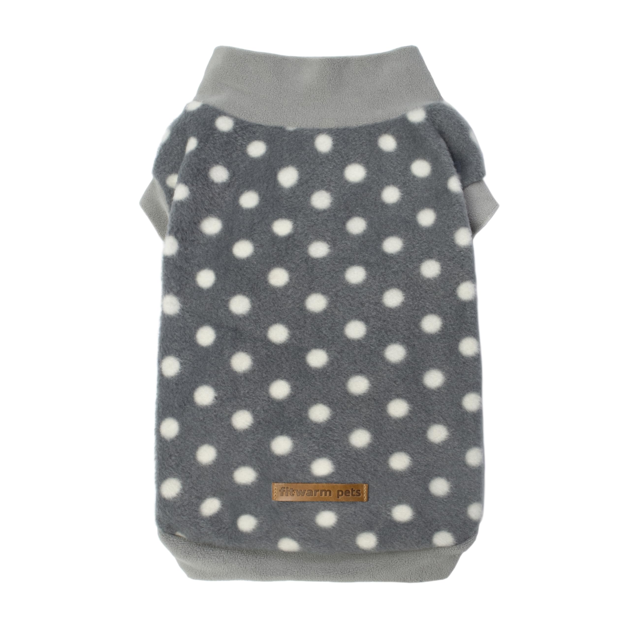 Fitwarm polka dot fleece sweater on a small dog promotes warm comfortable walks