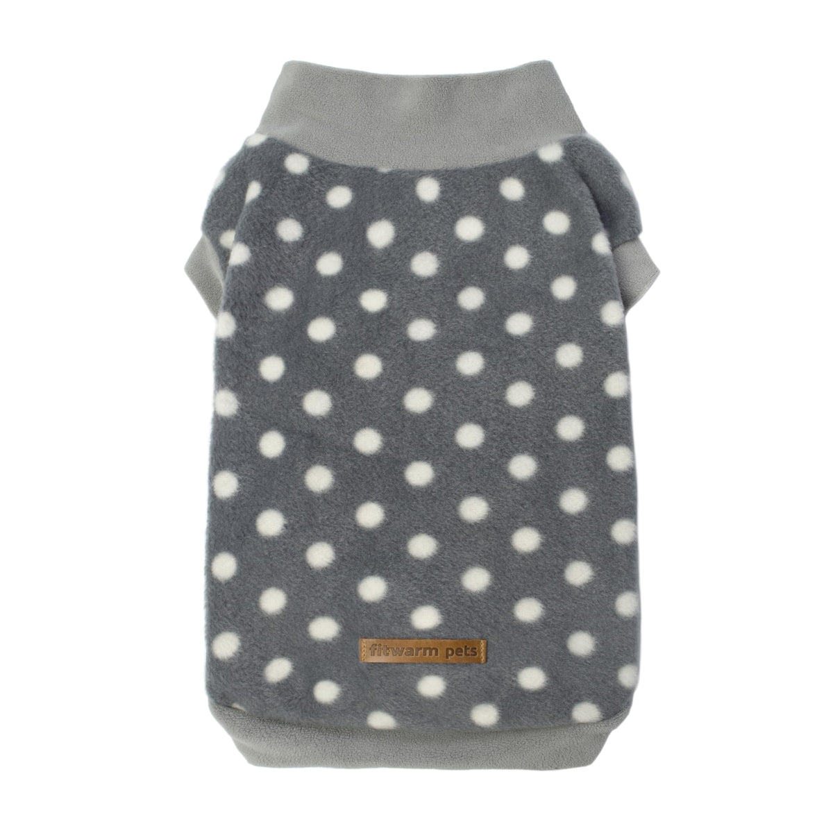 Fitwarm polka dot fleece sweater on a small dog promotes warm comfortable walks