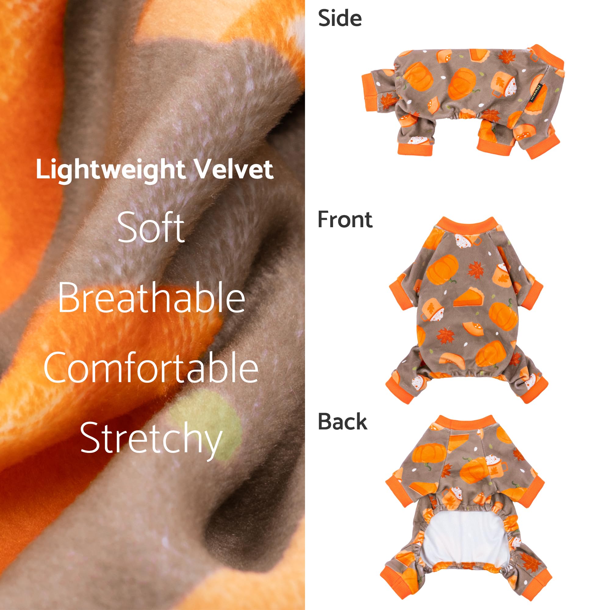 Fitwarm pumpkin dog pajamas ribbed cuffs closeup demonstrates added coziness and stretch