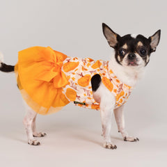 Fitwarm Pumpkin Flower Dress back view, layered skirt and bow detail for cute flair.