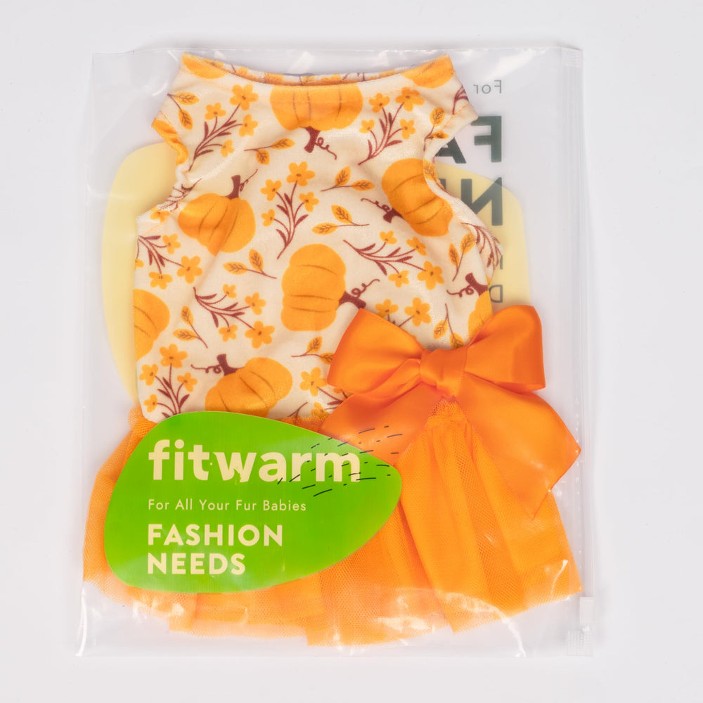 Fitwarm Pumpkin Flower Dress fit-guide image, size Small for compact breeds.
