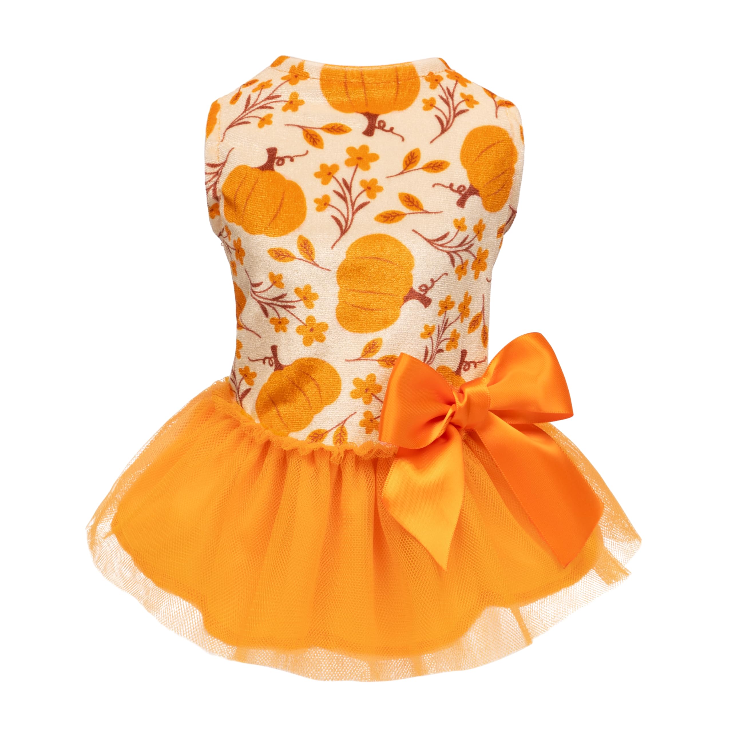 Fitwarm Pumpkin Flower Dress front view, festive fall design for small dogs.