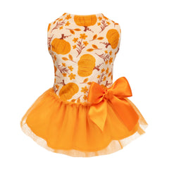 Fitwarm Pumpkin Flower Dress front view, festive fall design for small dogs.