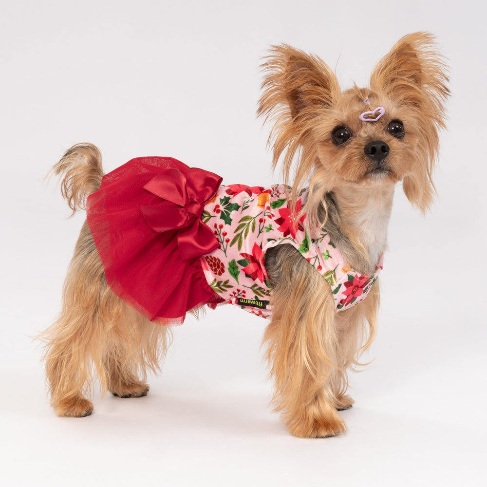 Fitwarm red tulle skirt dog dress side view, holiday charm and photo-ready style.