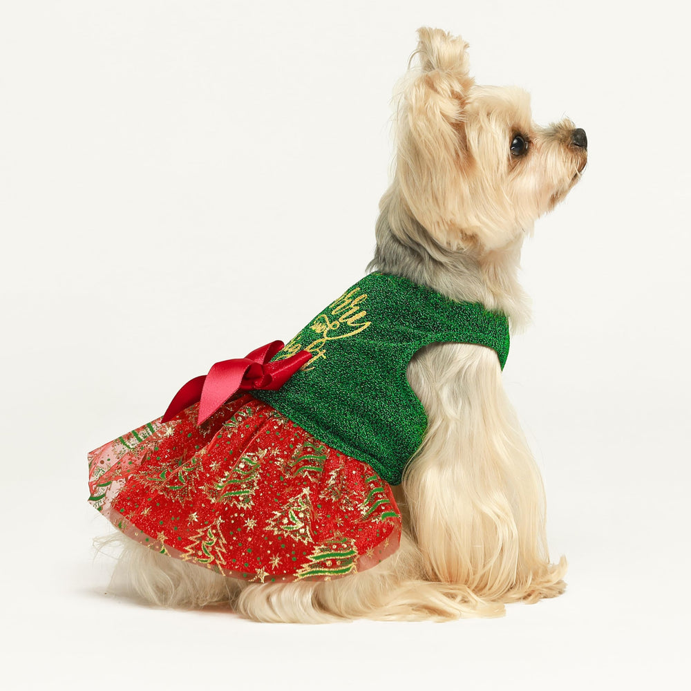 Fitwarm Sparkly Dog Christmas Outfit Christmas tree prints highlight holiday charm.