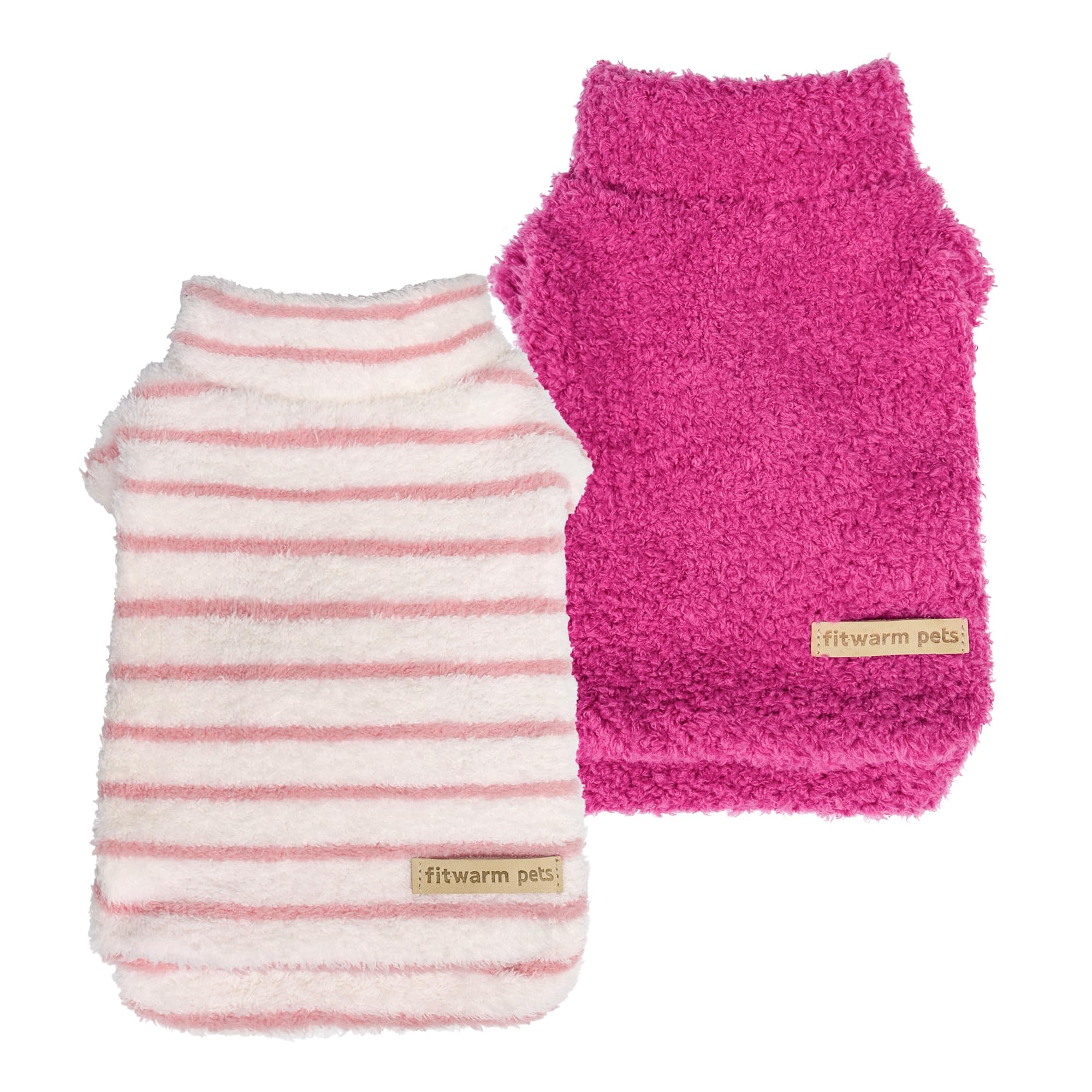 Fitwarm striped fleece dog sweater in rose-pink color keeps small dogs warm during chilly walks.