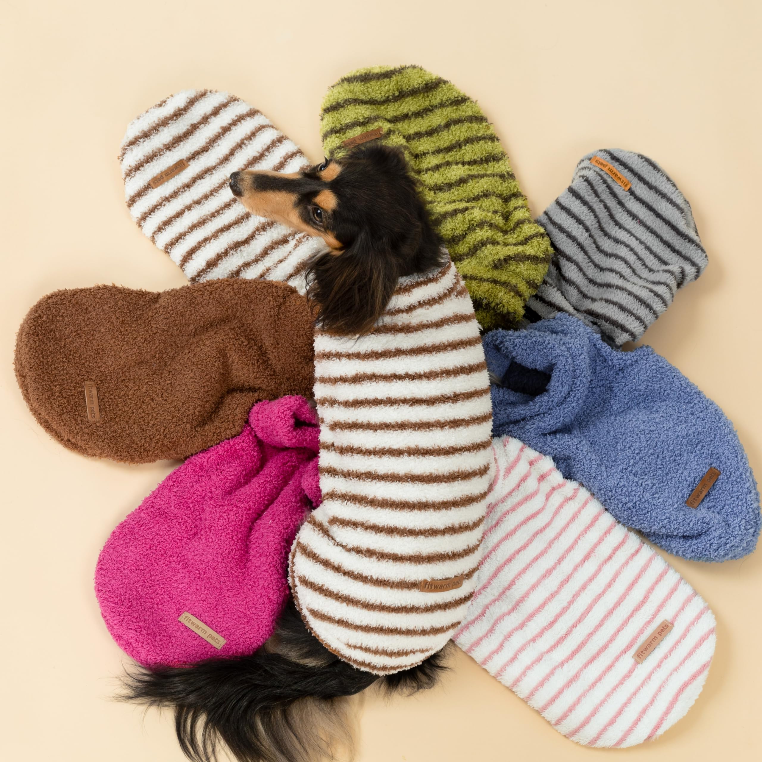 Fitwarm striped fleece dog sweater white brown stripes back view emphasizes relaxed fit