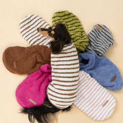 Fitwarm striped fleece dog sweater white brown stripes back view emphasizes relaxed fit