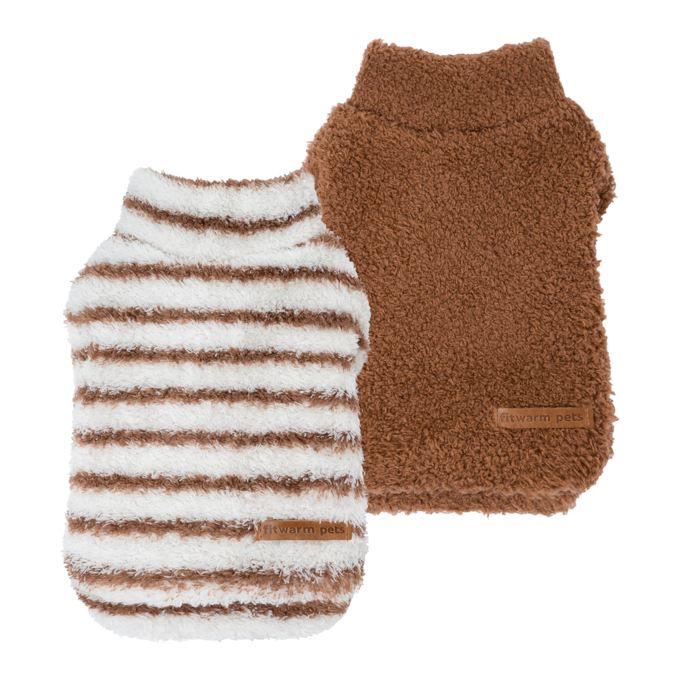 Fitwarm striped fleece dog sweater front view in white and brown for XXL warmth.