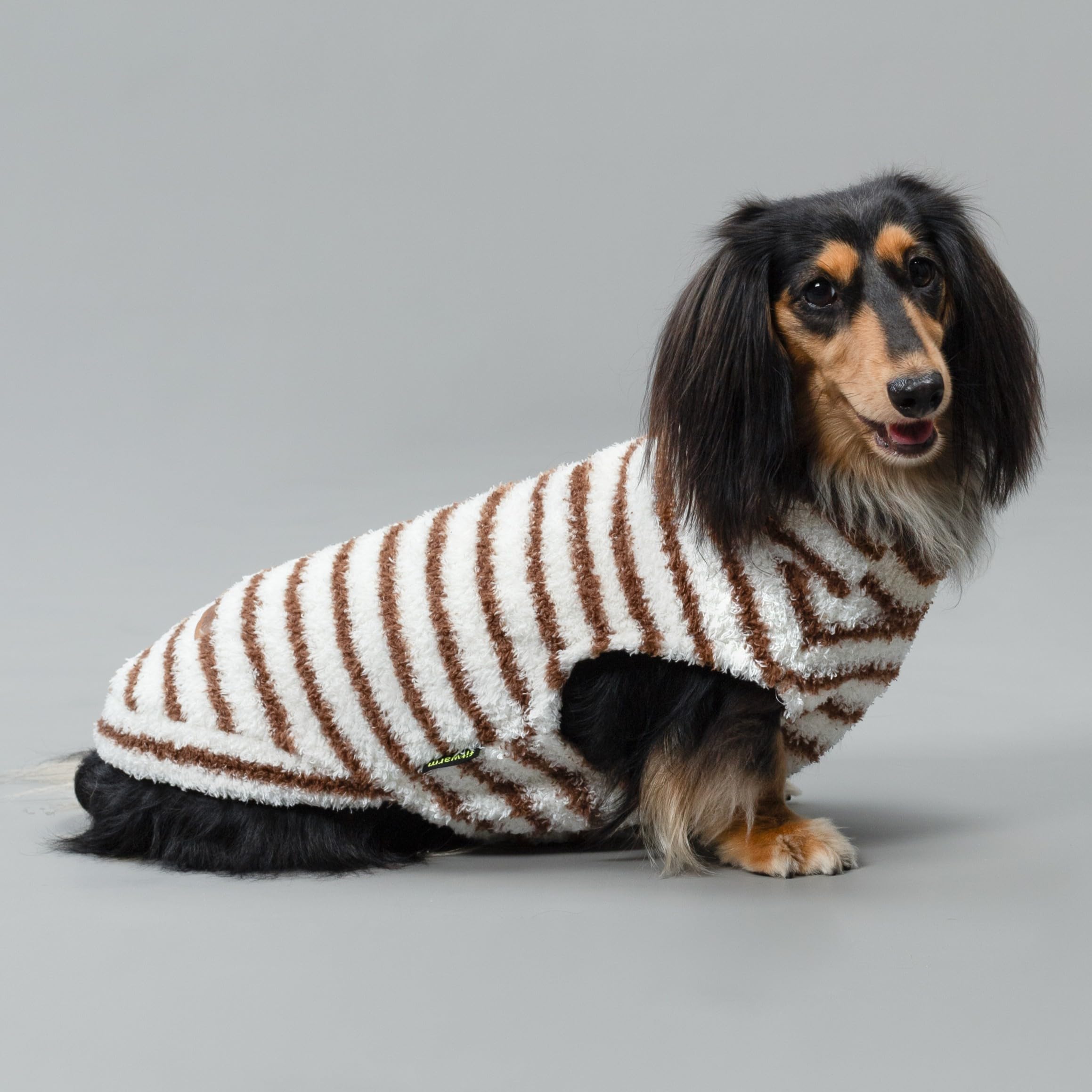 Fitwarm striped fleece dog sweater side view shows comfy stretch for movement.