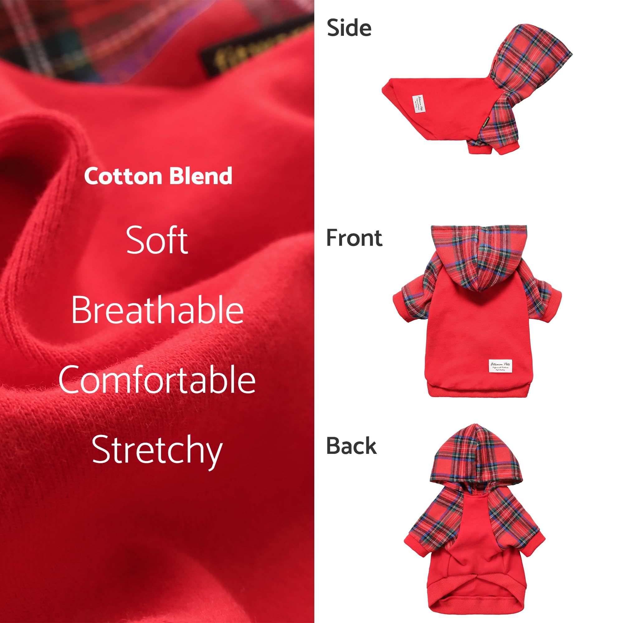 Fitwarm tartan plaid dog hoodie back view, bold red body with green plaid