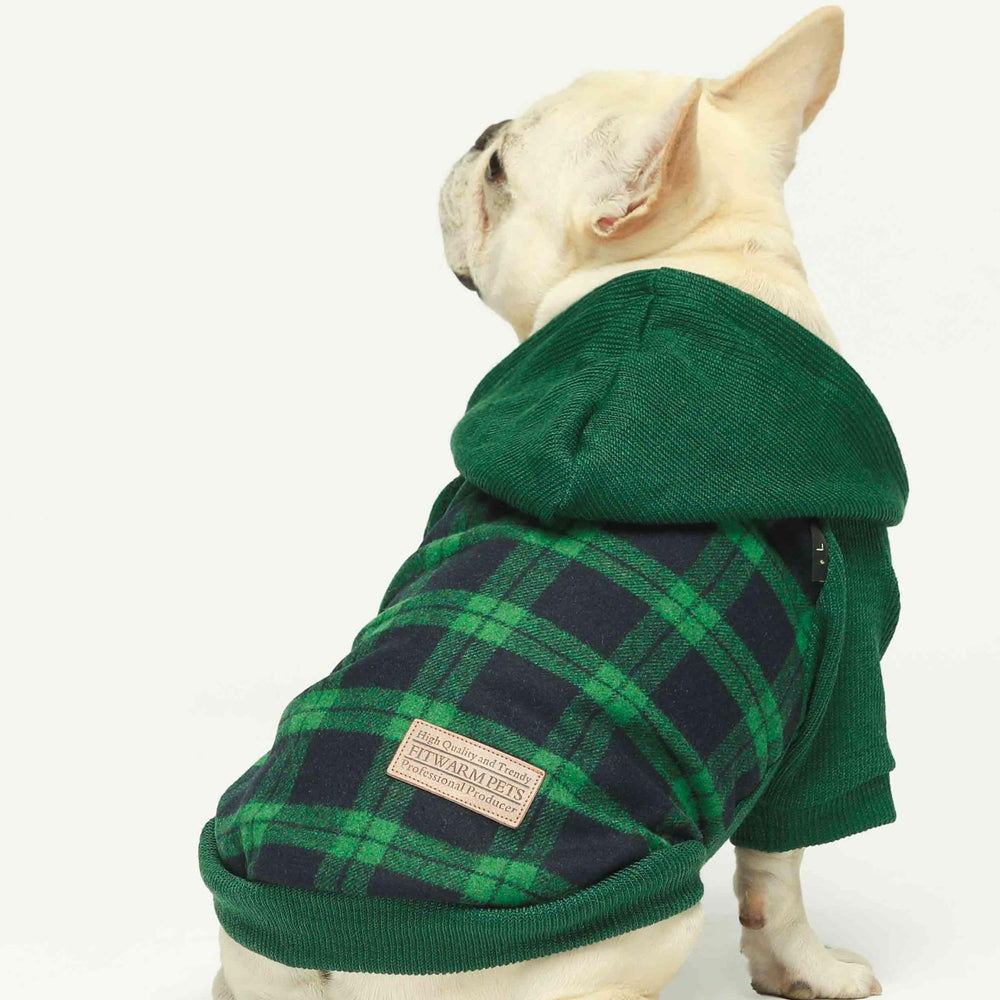 Fitwarm tartan plaid dog hoodie back view highlighting full-coverage cozy fit for chilly days