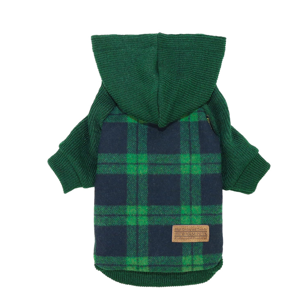 Fitwarm tartan plaid dog hoodie front view showing cozy warmth for winter walks
