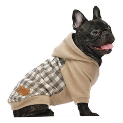 Fitwarm Tartan Plaid Dog Hoodie front view shows cozy warmth for small dogs on walks.