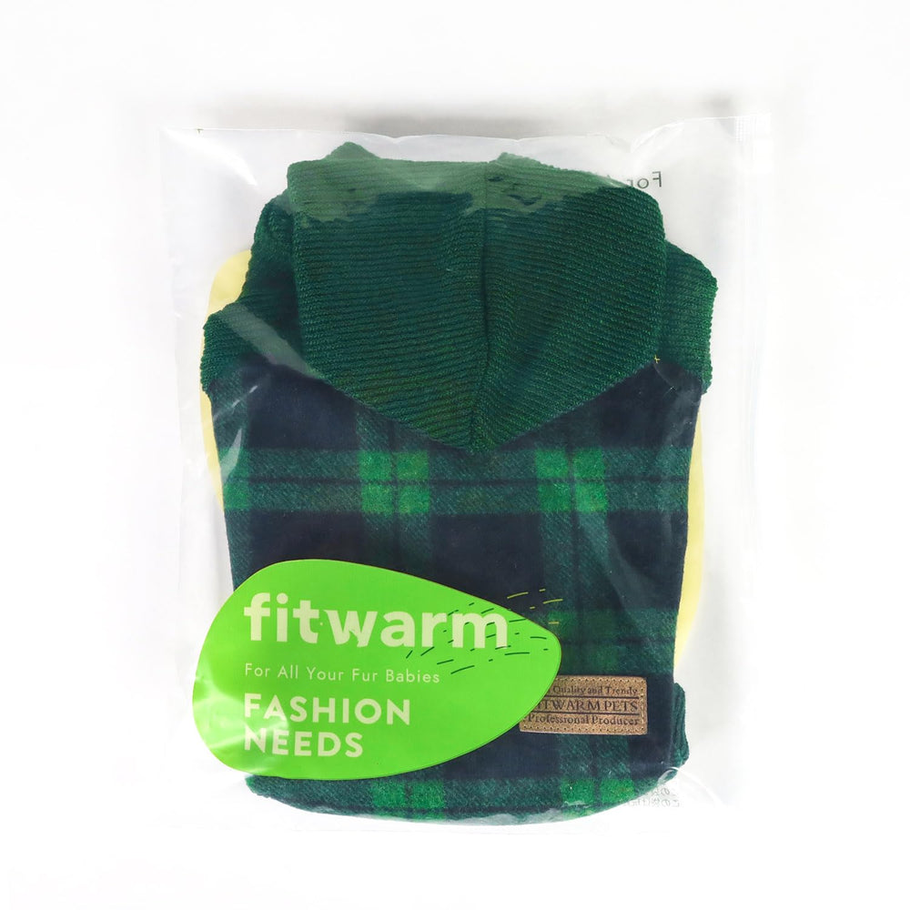Fitwarm tartan plaid dog hoodie worn during walks shows practical ease.