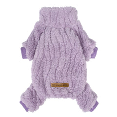 Fitwarm turtleneck fleece dog sweater lavender closeup shows plush warmth.