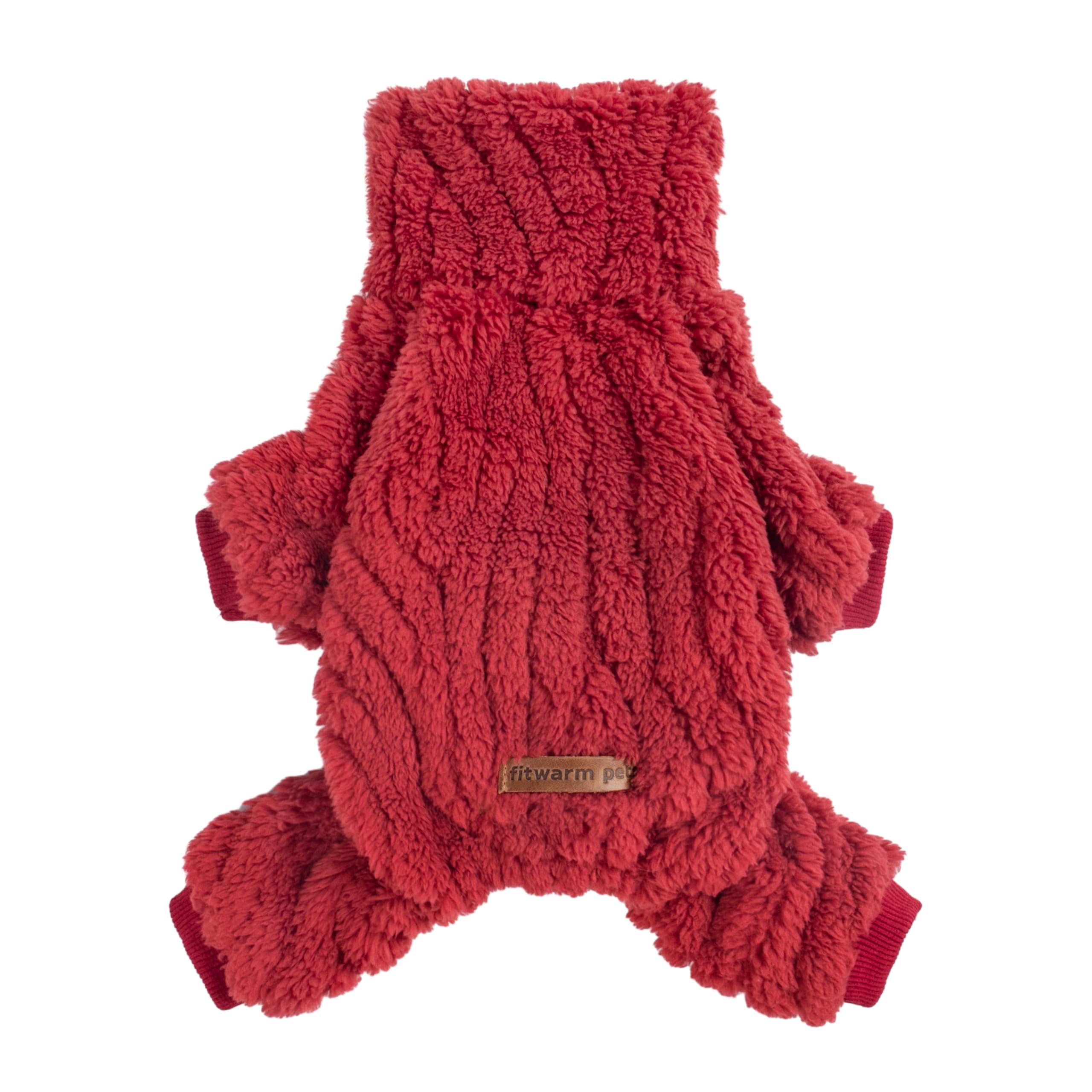 Fitwarm turtleneck fleece dog sweater pajamas in red, large, back view for warm winter walks