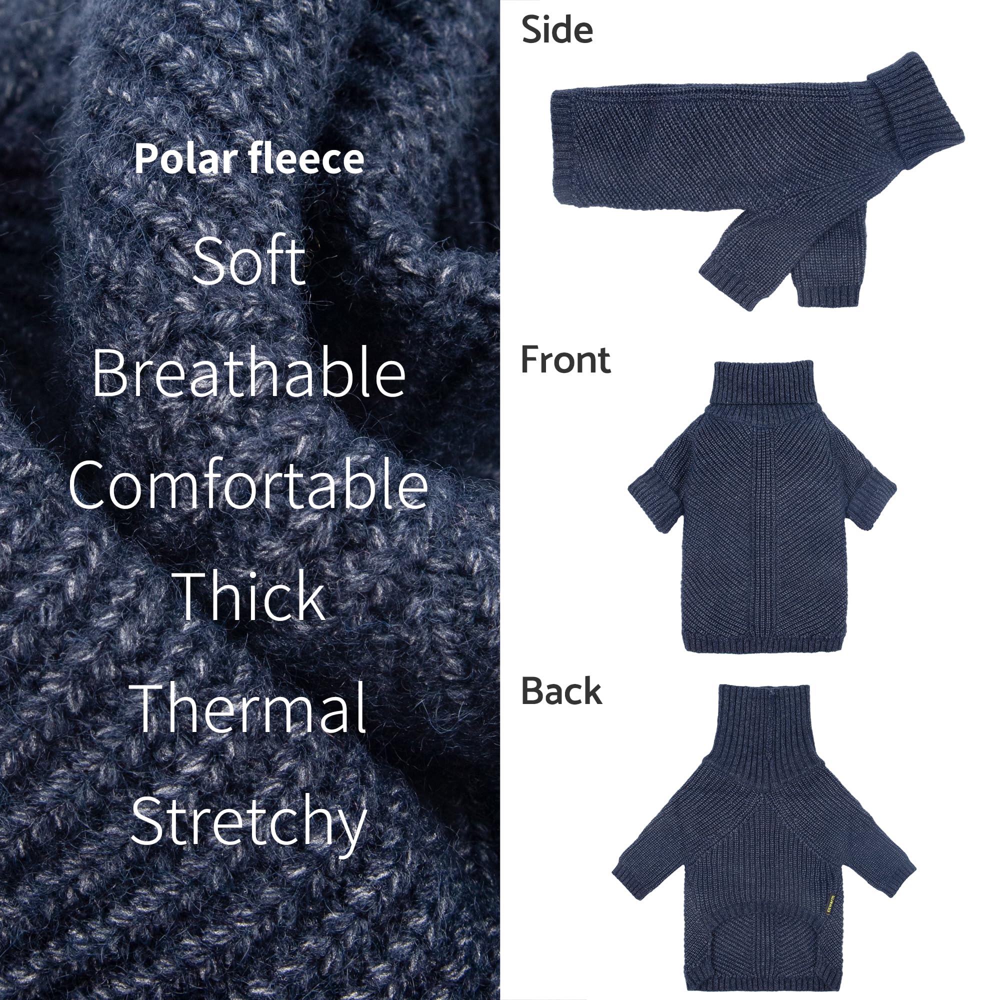 Fitwarm turtleneck knit dog sweater worn on dog during winter walk.