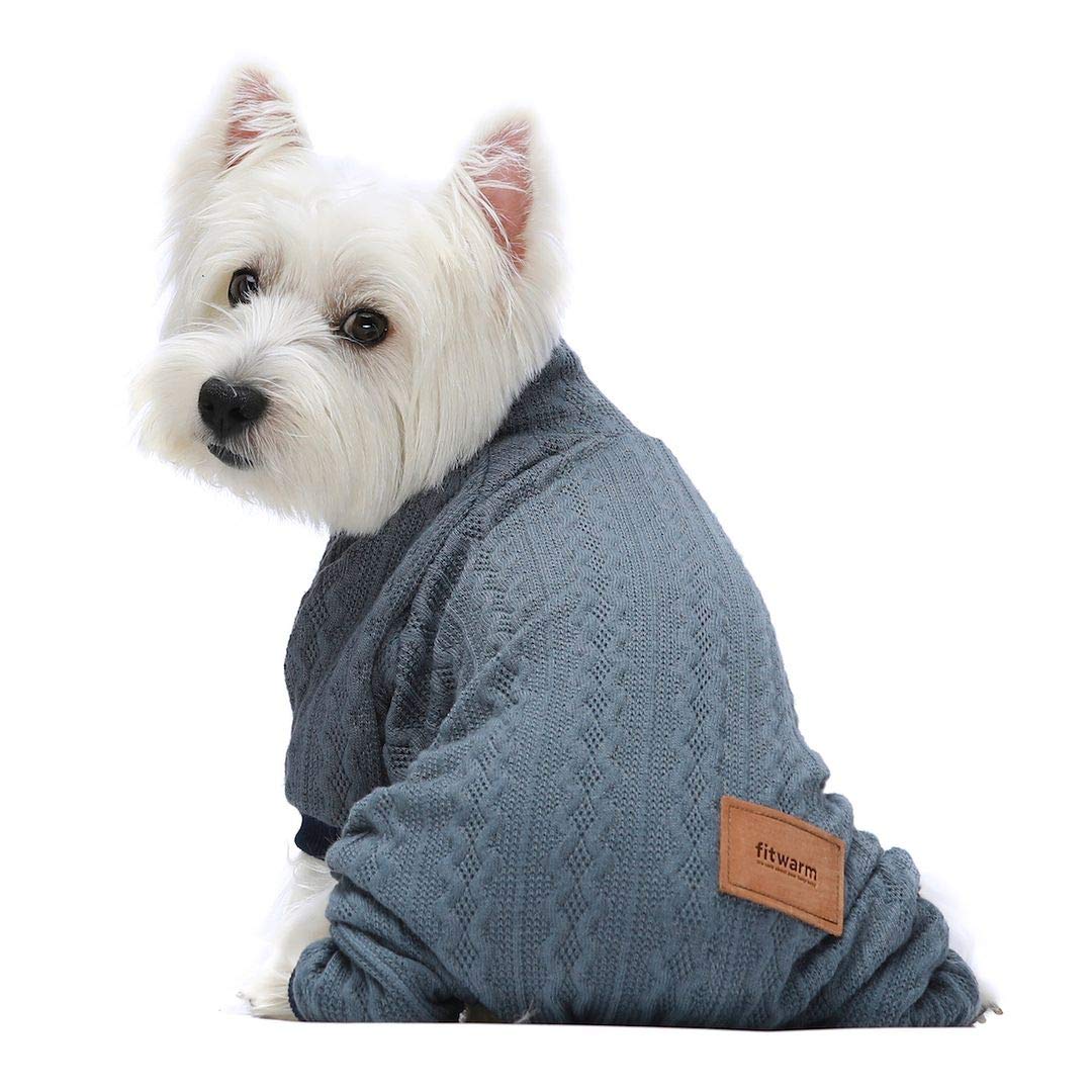 Fitwarm turtleneck knitted dog sweater blue front view emphasizes cozy warmth and easy fit