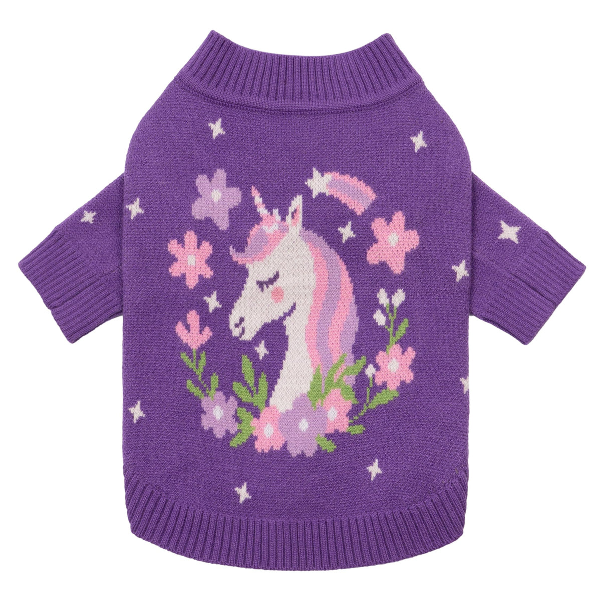 Fitwarm unicorn dog sweater front view in purple, cozy warmth for small dogs