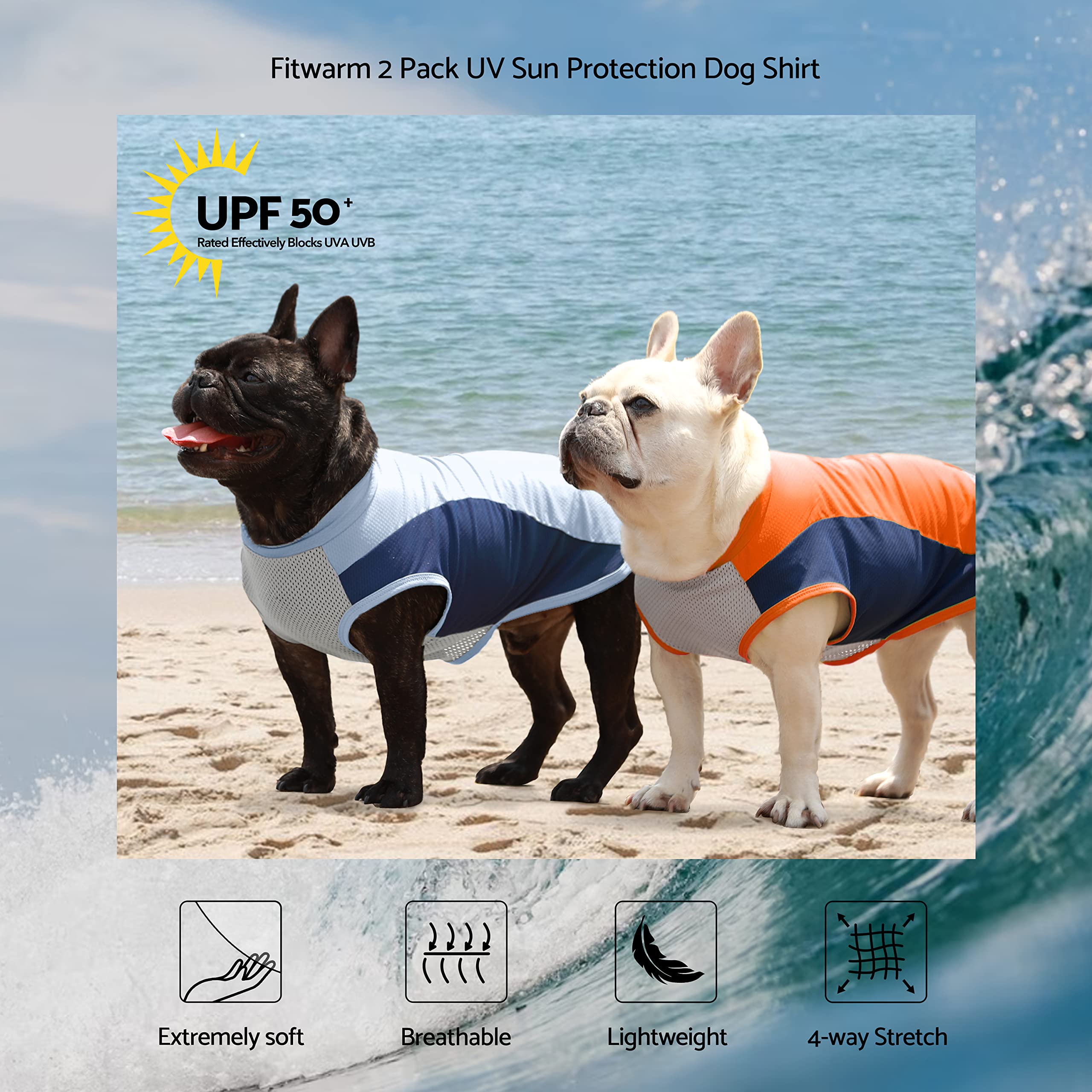 Fitwarm UPF50+ dog shirt blue fabric close-up highlighting quick-dry cooling during summer walks.