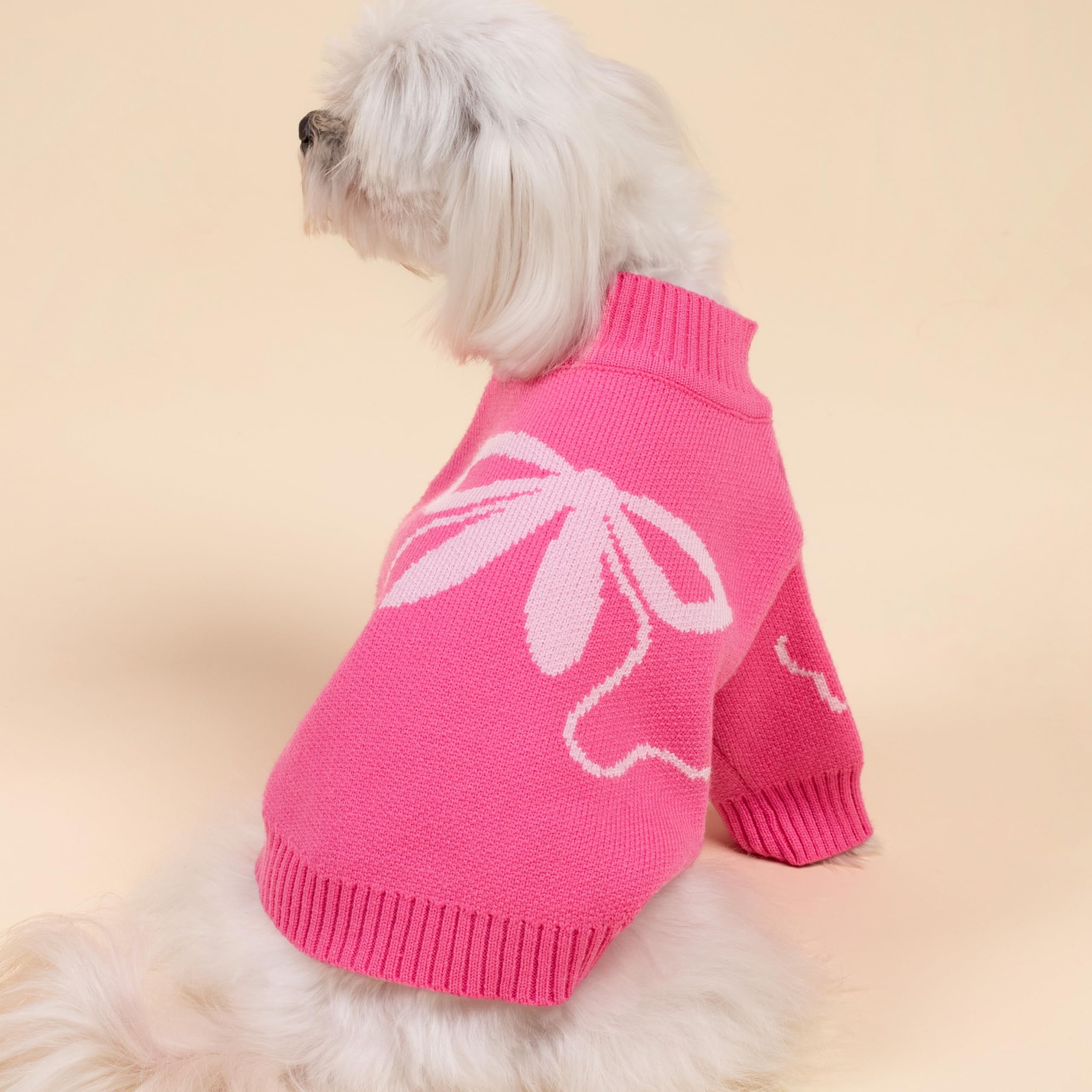 Fitwarm Valentines pink bow detail on dog sweater for playful styling