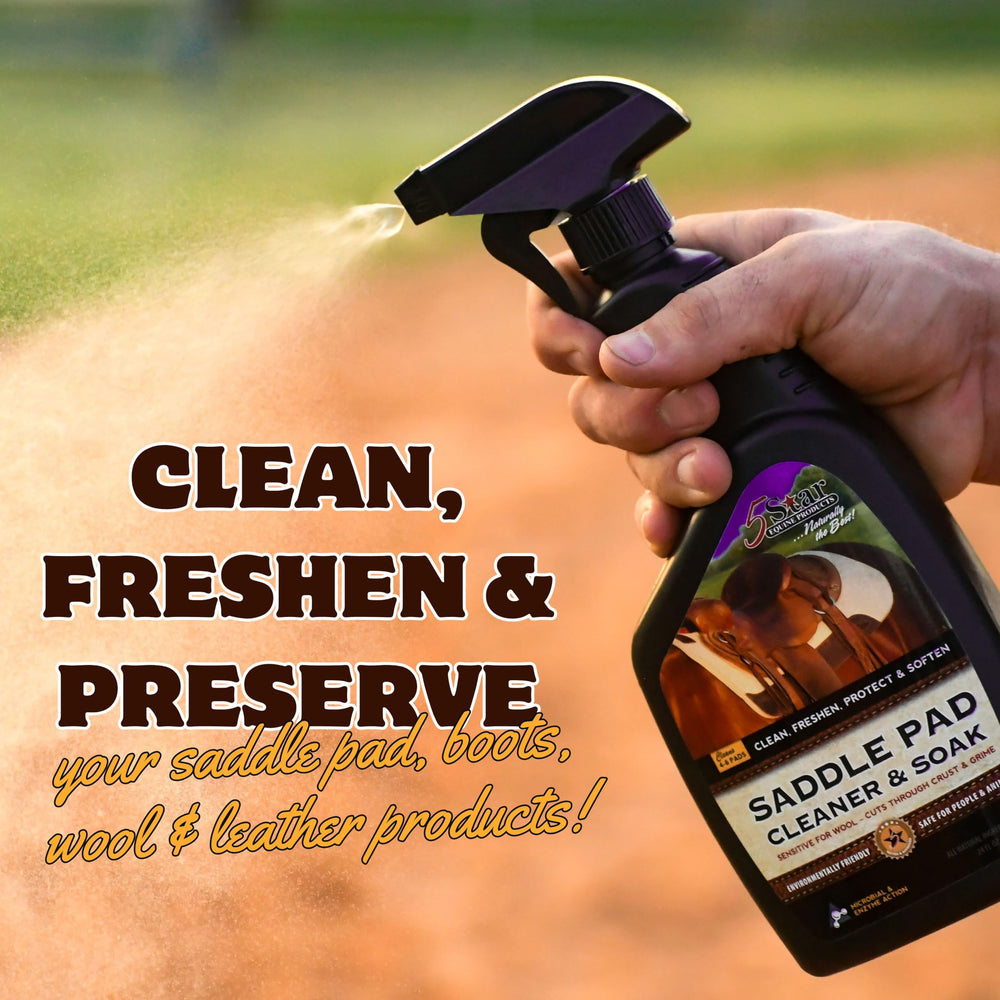 5 STAR EQUINE Saddle Pad Cleaner spray-action demonstrates easy application