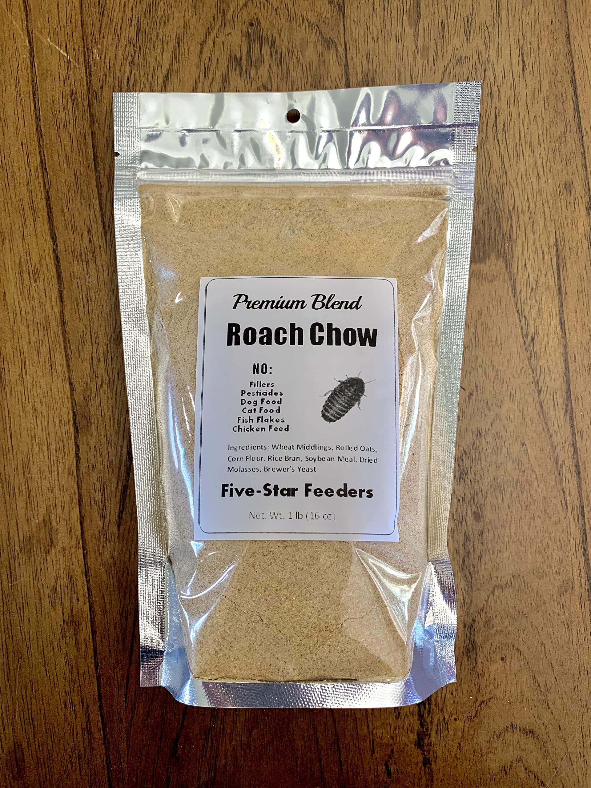 Five-Star Feeders roach chow bag shows resealable packaging for freshness.