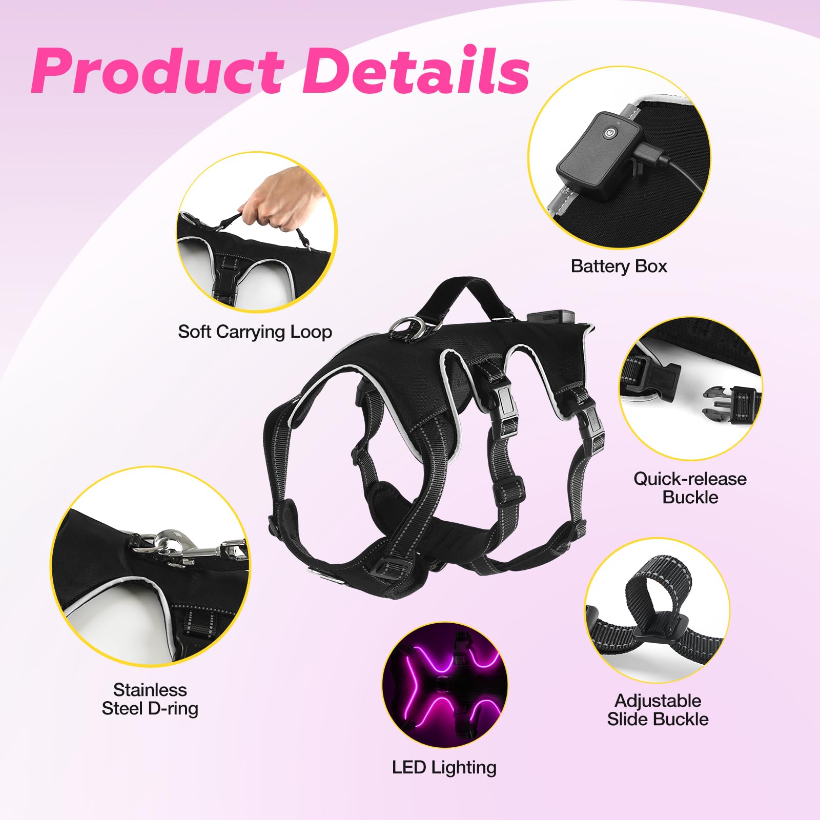 Fiveda light up dog harness dual-D-ring design enables controlled walking and training.