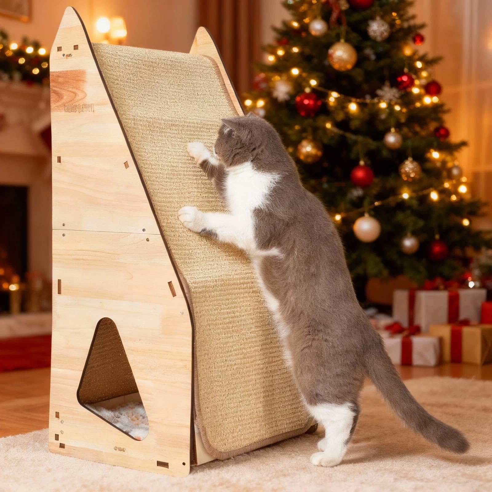 FIVLOCCEN wood-framed cat scratcher wide shot highlights sturdy frame for long-term multi-cat use.