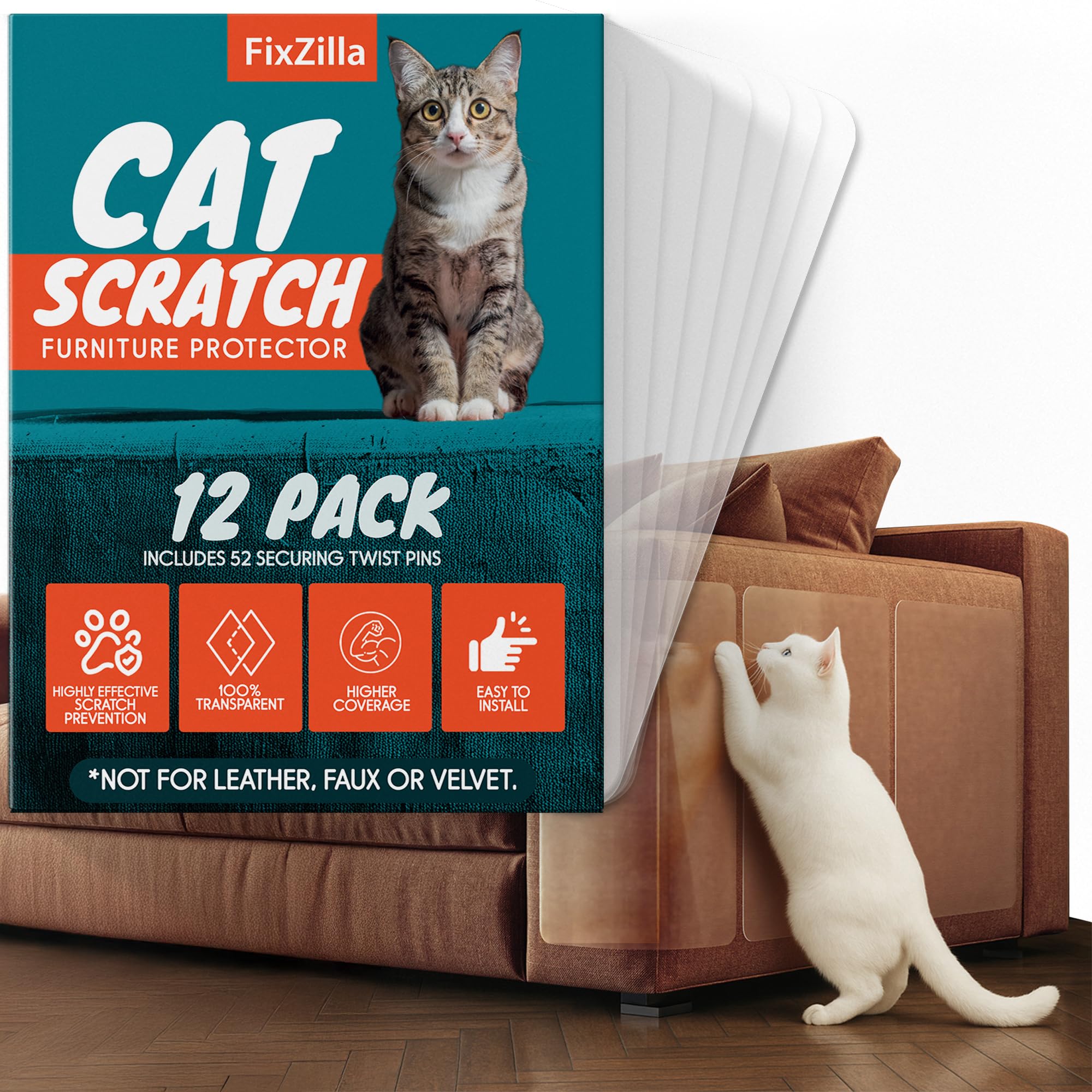 FixZilla cat scratch protector kit-wide shows 12-piece protection for sofas against claws
