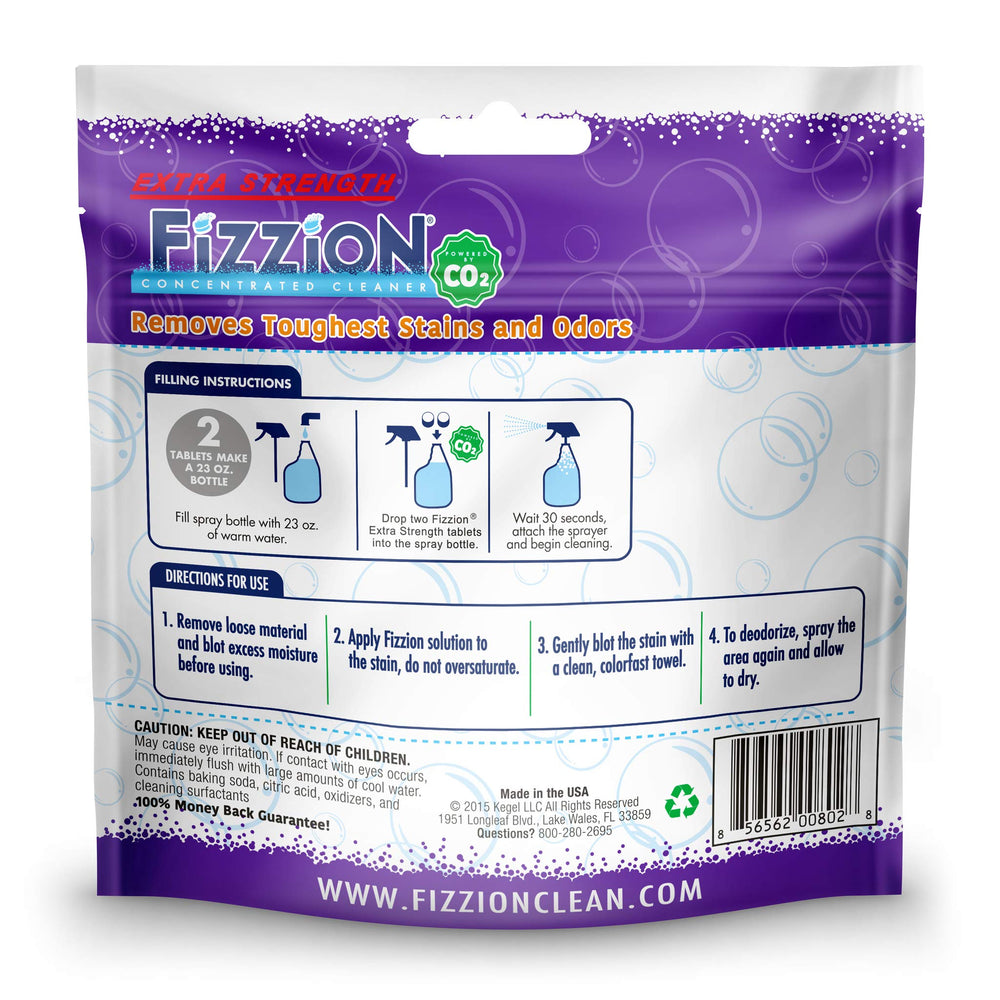 Fizzion Pet Stain and Odor extra strength tablets packaging highlights easy refill system.