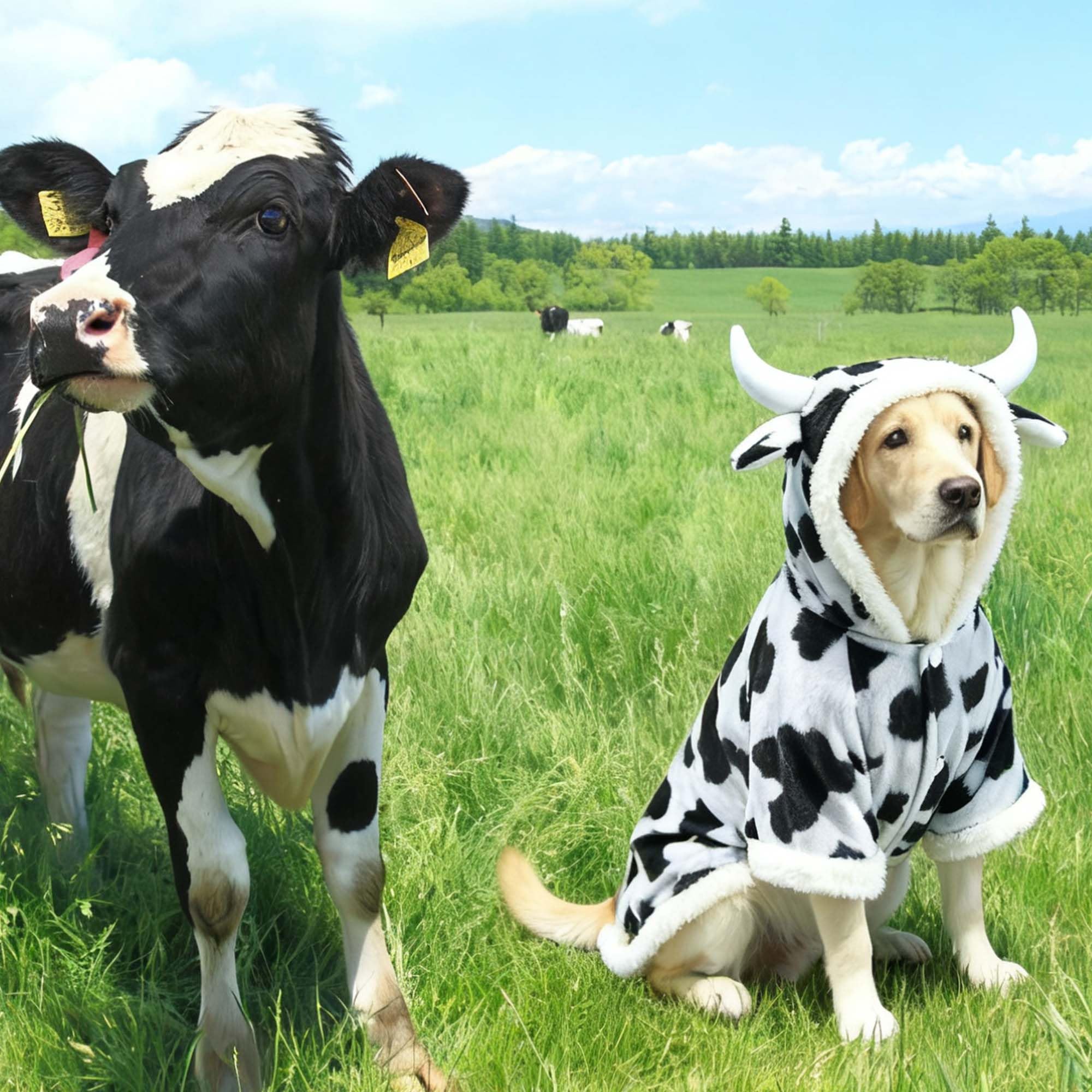 FLAdorepet cow costume back view with easy button closures for quick dressing.