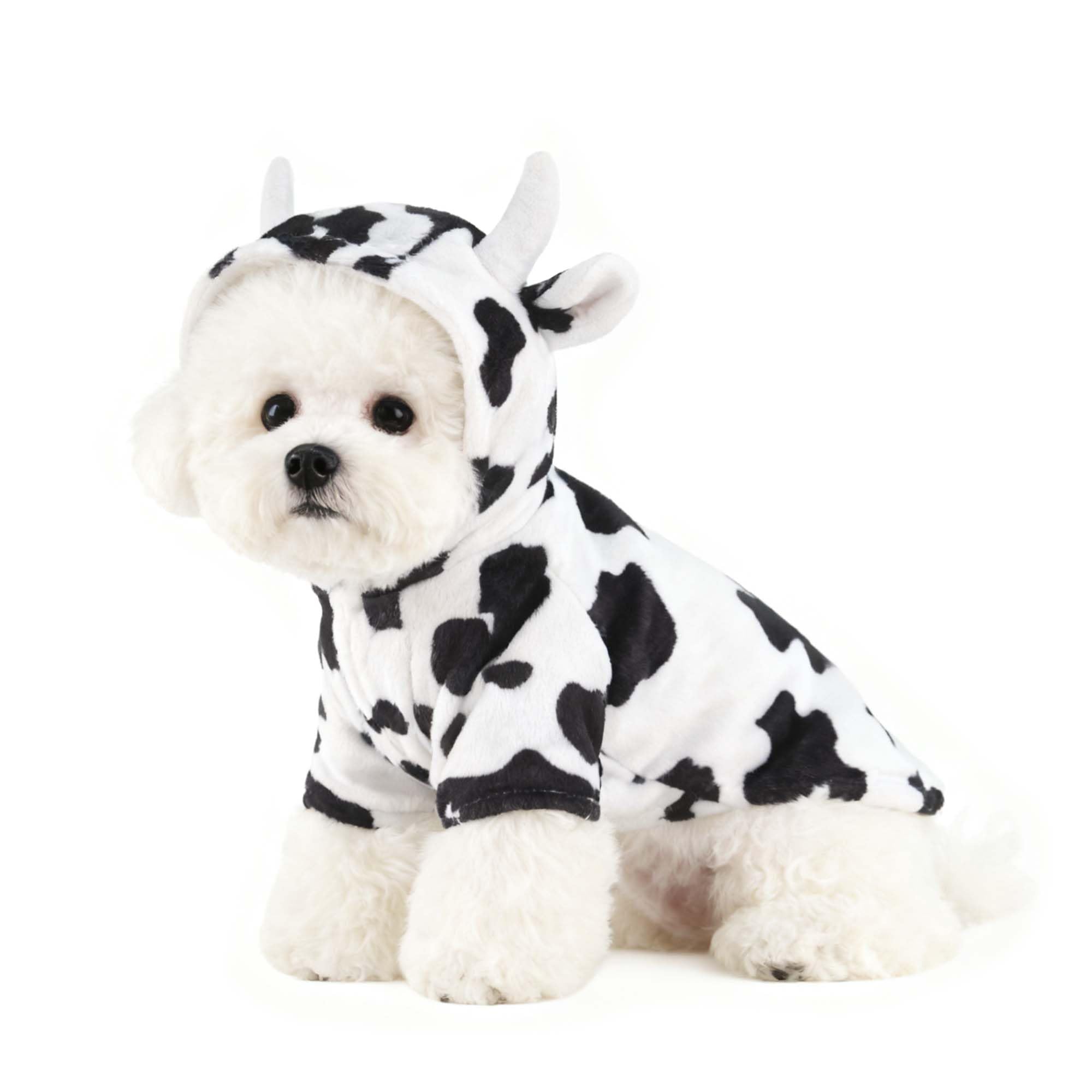 FLAdorepet dog cow costume front view—cozy fleece warmth for winter wear