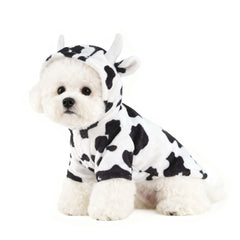 FLAdorepet dog cow costume front view—cozy fleece warmth for winter wear