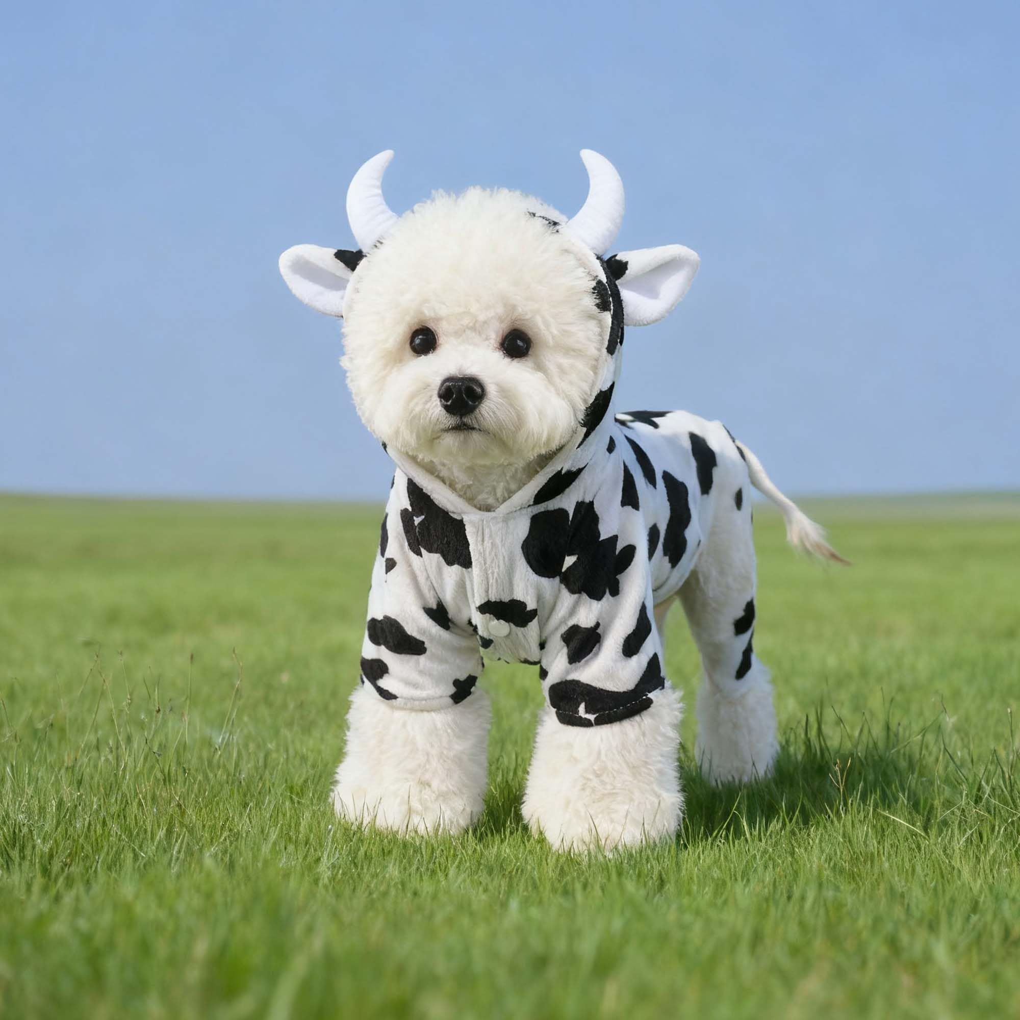 FLAdorepet dog cow costume worn by a model—easy-fit button closure