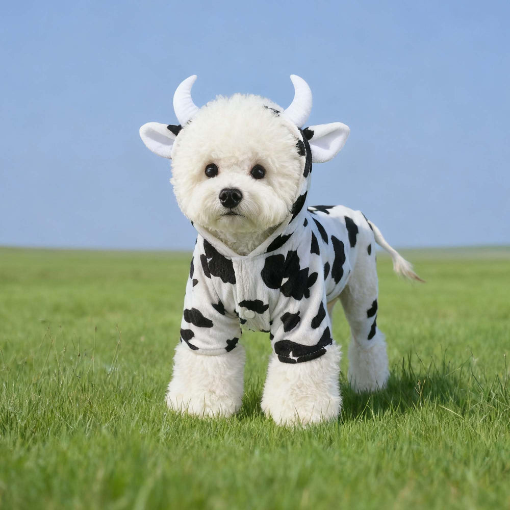 FLAdorepet dog cow costume worn by a model—easy-fit button closure