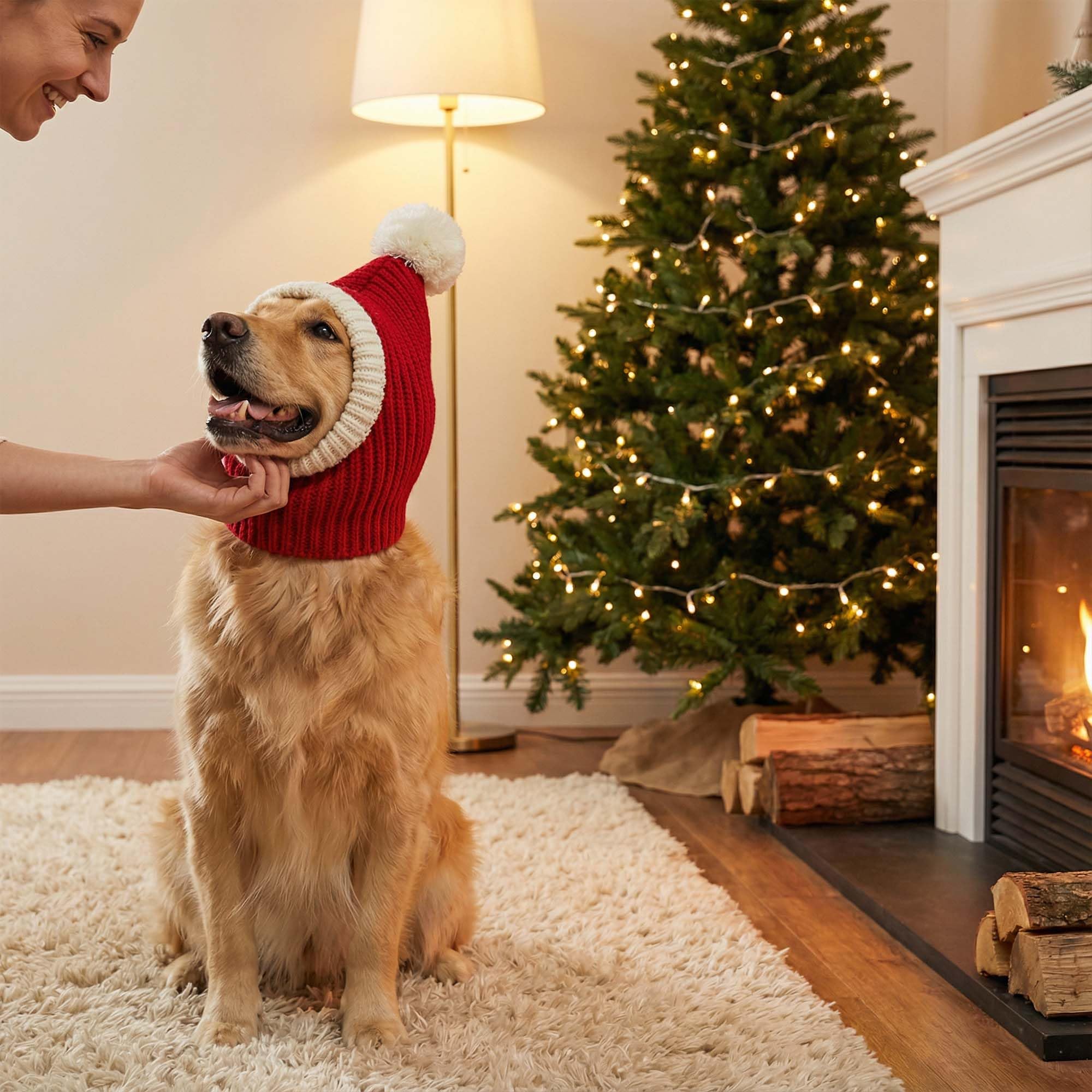 FLAdorepet dog hat knit detail close-up showcases soft yarn and festive pompom