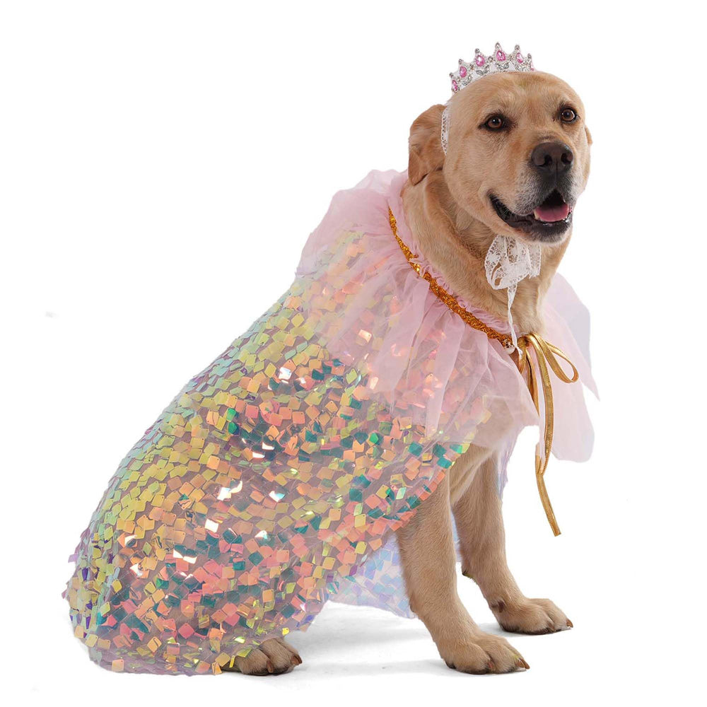 FLAdorepet dog princess dress cape with crown shimmering for festive photo moments