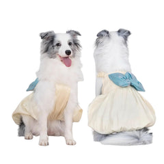 FLAdorepet large dog princess dress with white fabric and blue bow for elegant festive wear.