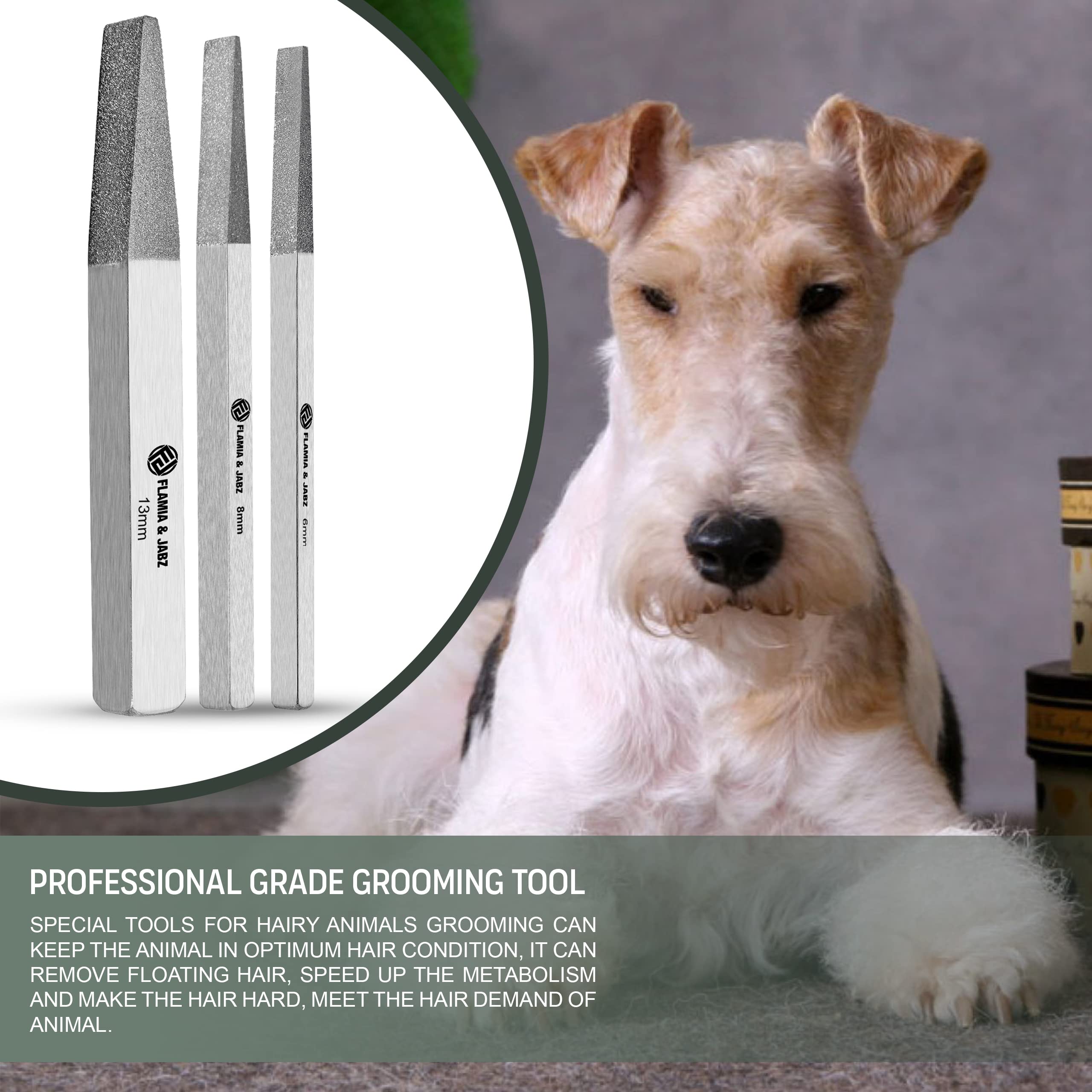 Flamia & Jabz tools favored by dog show groomers for consistent results.